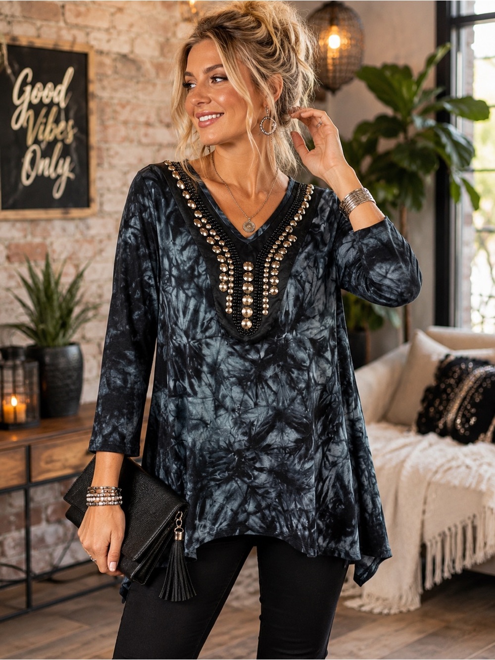 Annabell Embellished Tie Dye Tunic Top S | Boho Glam Artwear Studded Neckline